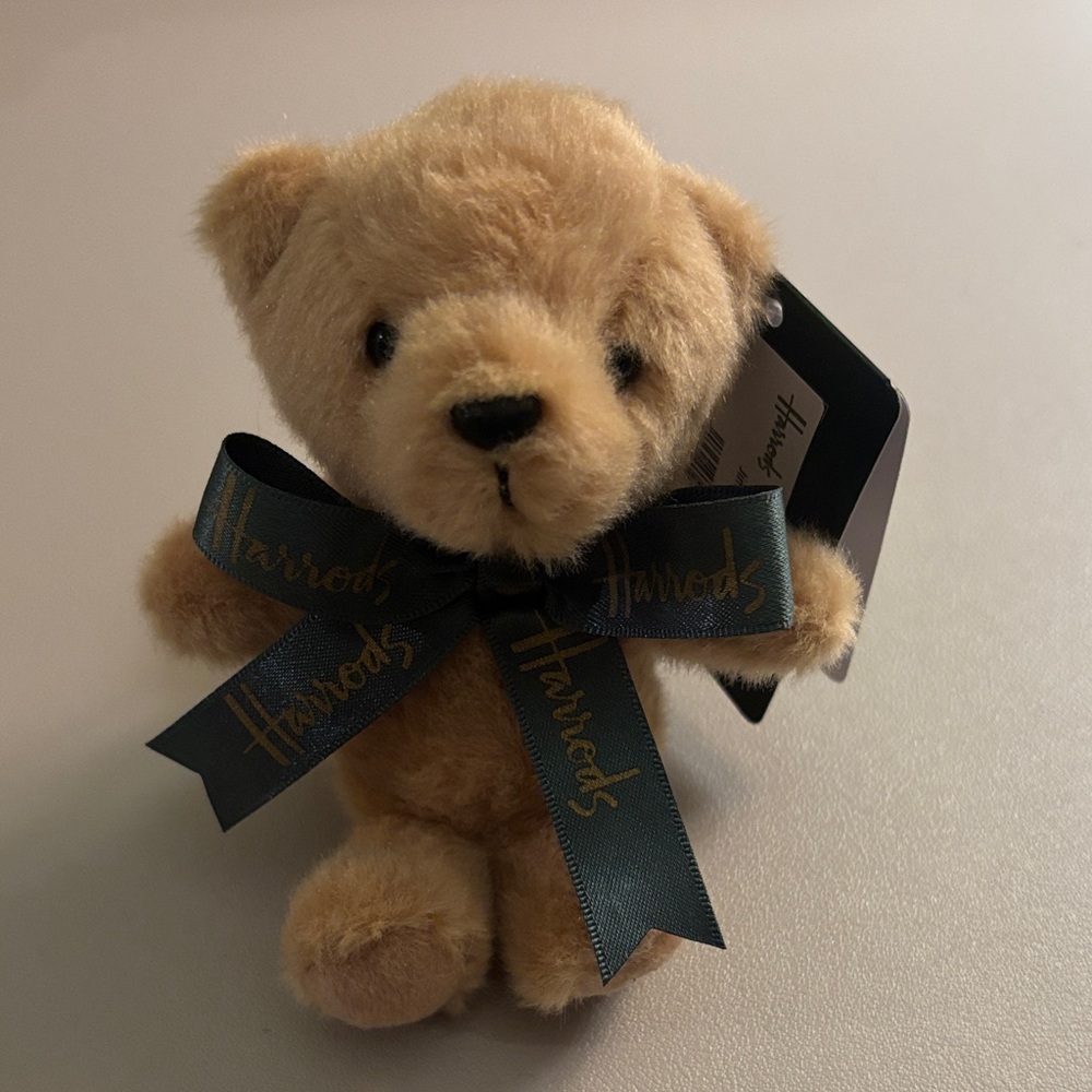 Harrods Beige Teddy Bear Keychain with Green Bow